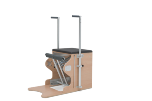 A medical or rehabilitation device with a wooden base, metal support bars, and adjustable straps, used for physical therapy or exercises.