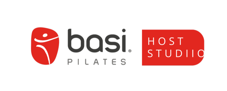 Logo for Basi Pilates Host Studio with a red abstract figure and black and red text.