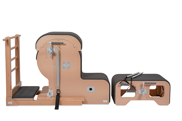 Wooden pediatric therapy equipment set with climbing frame, balance board, and motor skill tools on a white background.