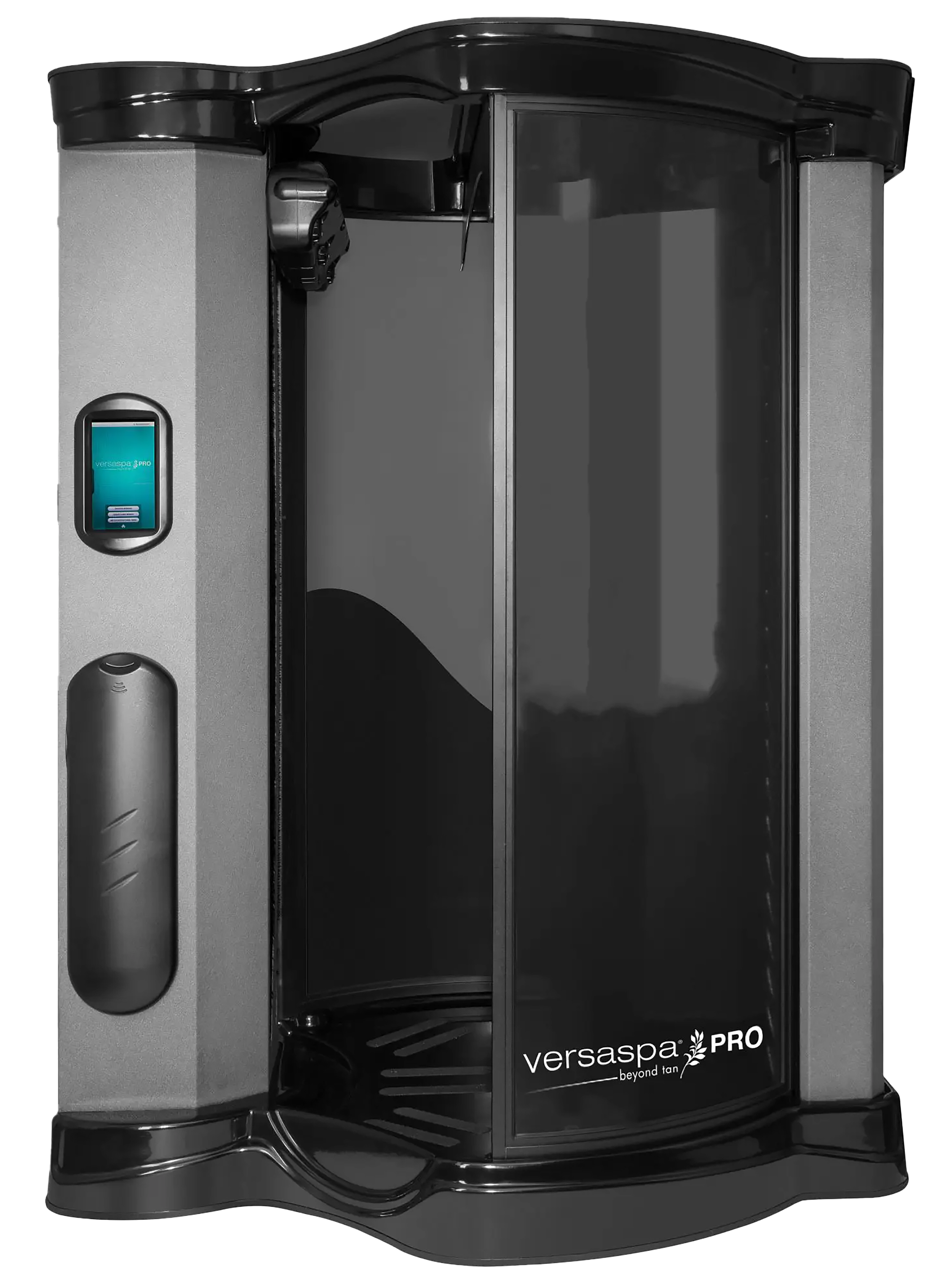 A VersaSpa Pro spray tanning booth with a closed door, control panel, and built-in storage,