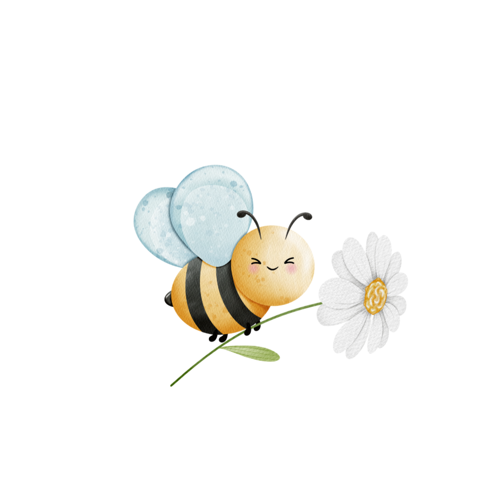 Eine süße Illustration einer lachenden Biene mit blauen Flügeln, die auf einer weißen Blume sitzt.