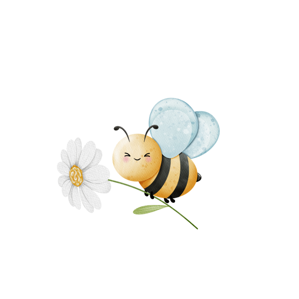 Ein niedliches, cartoonartiges Bienenbaby mit blauen Flügeln, einem gelben und schwarzen gestreiften Körper, das an einer weißen Blume sitzt.