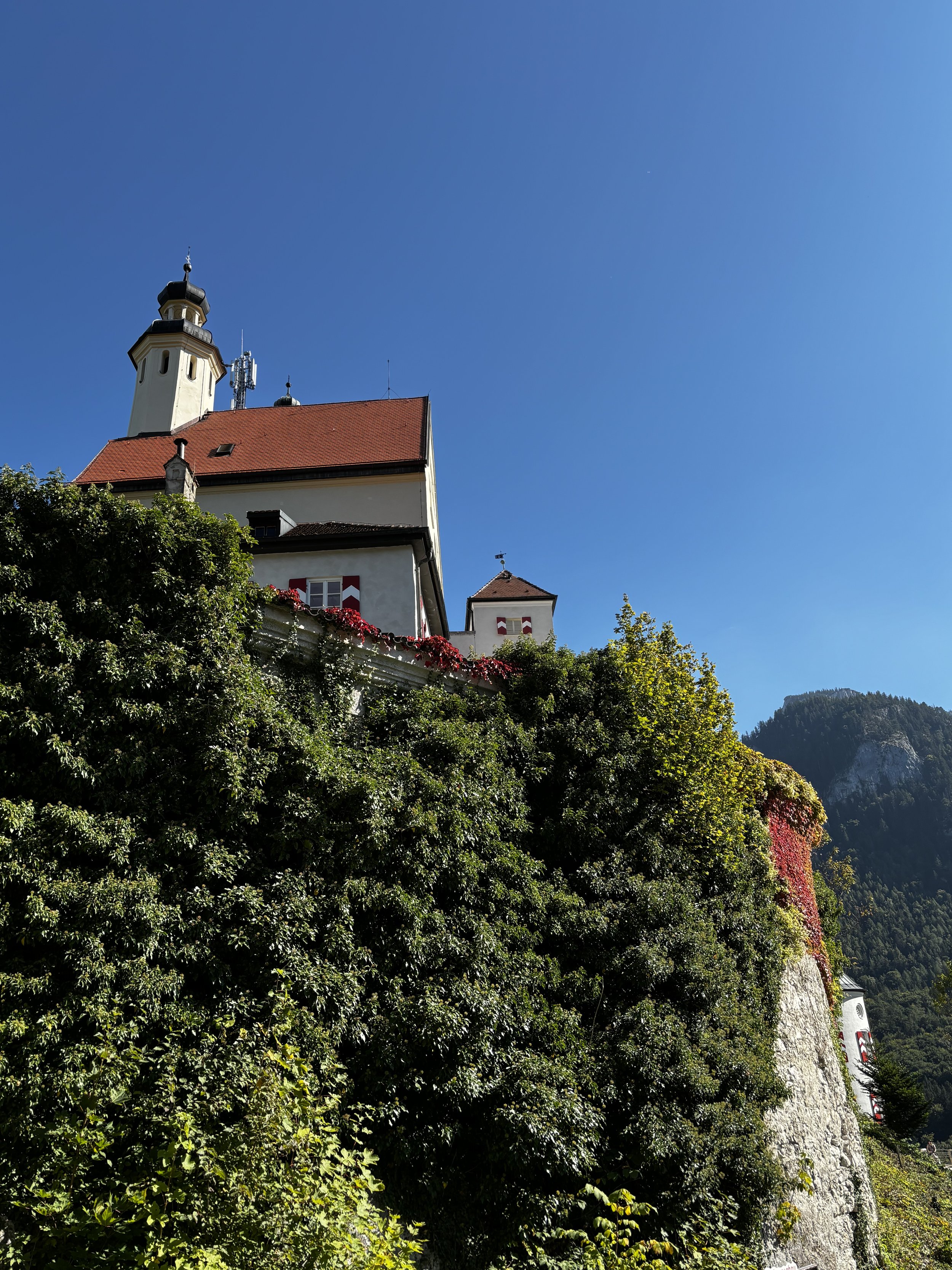 Ein Schloss auf einem Hügel mit roten Dächern und einer weißen Fassade, umgeben von grünen Bäumen und einer bewölkten Berge im Hintergrund, unter klarem blauen Himmel.