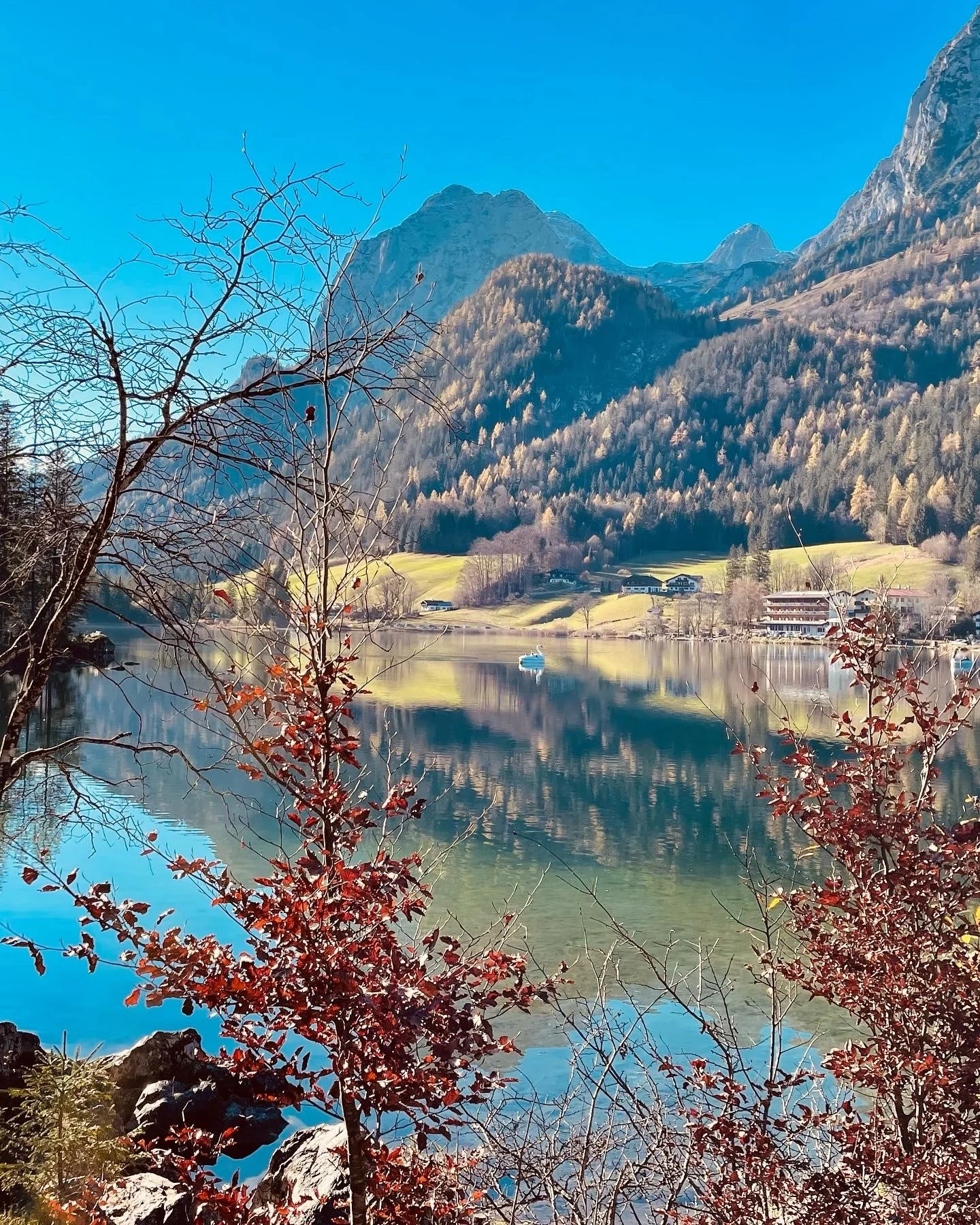 Ein ruhiger See mit reflektierendem Wasser, umgeben von Bäumen mit roten Blättern und Bergen im Hintergrund, unter klarem blauen Himmel.