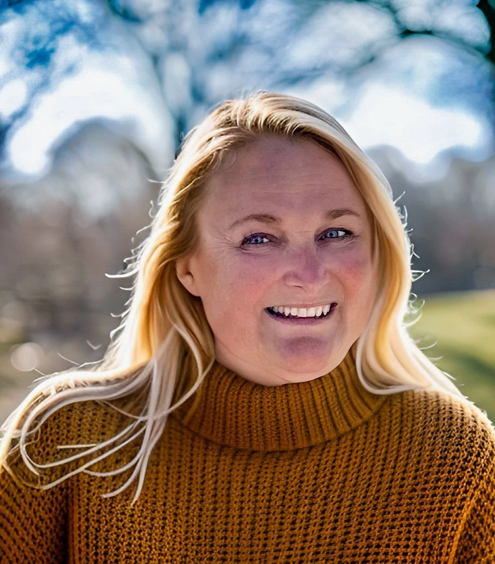 Claudia Meisinger in einem braunenPullover im Freien bei Sonnenschein, im Hintergrund Bäume und blauer Himmel.