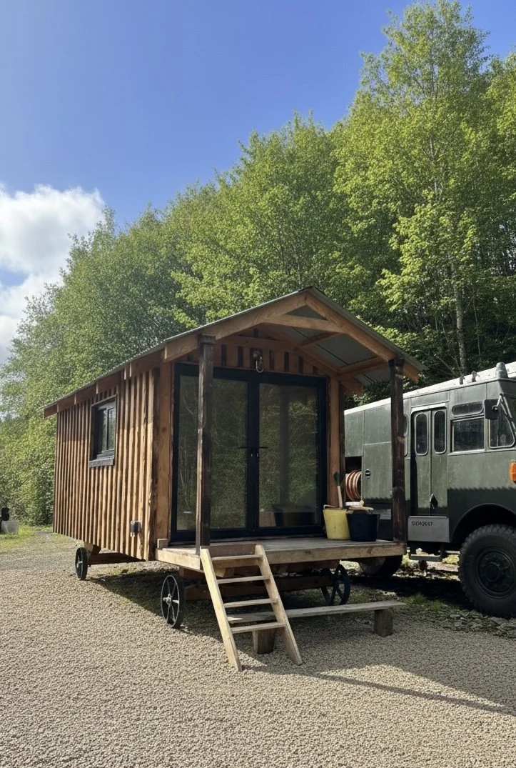 Wooden tiny house on wheels with stairs, set outdoors with green trees and blue sky.
