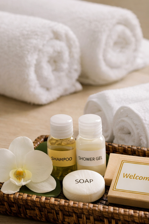 Trousse de toilette avec bouteilles de shampooing et gel douche, savon, orchidée, serviettes blanches roulées et carte de bienvenue