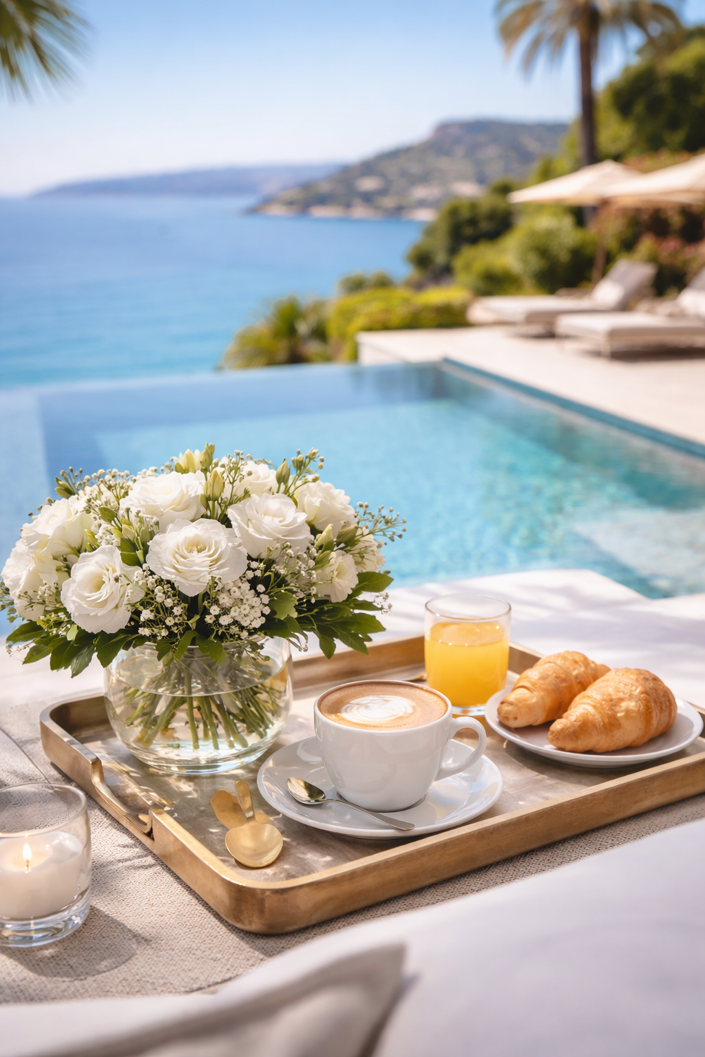 Petit-déjeuner avec fleurs, croissants, café, jus d'orange en terrasse avec vue sur la mer et des parasols.