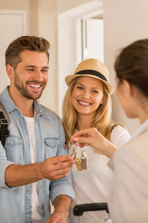 Une femme remise des clés à un couple souriant dans un hall d'entrée.