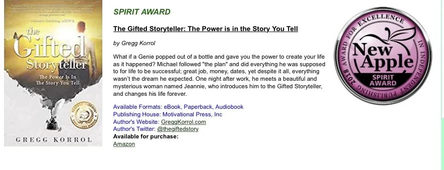 Book cover titled "The Gifted Storyteller" by Gregg Korrol, with a steam rising from a bottle and a small figure holding a wand on the cover. Award Winning author and book. Principal, educator, public speaker.