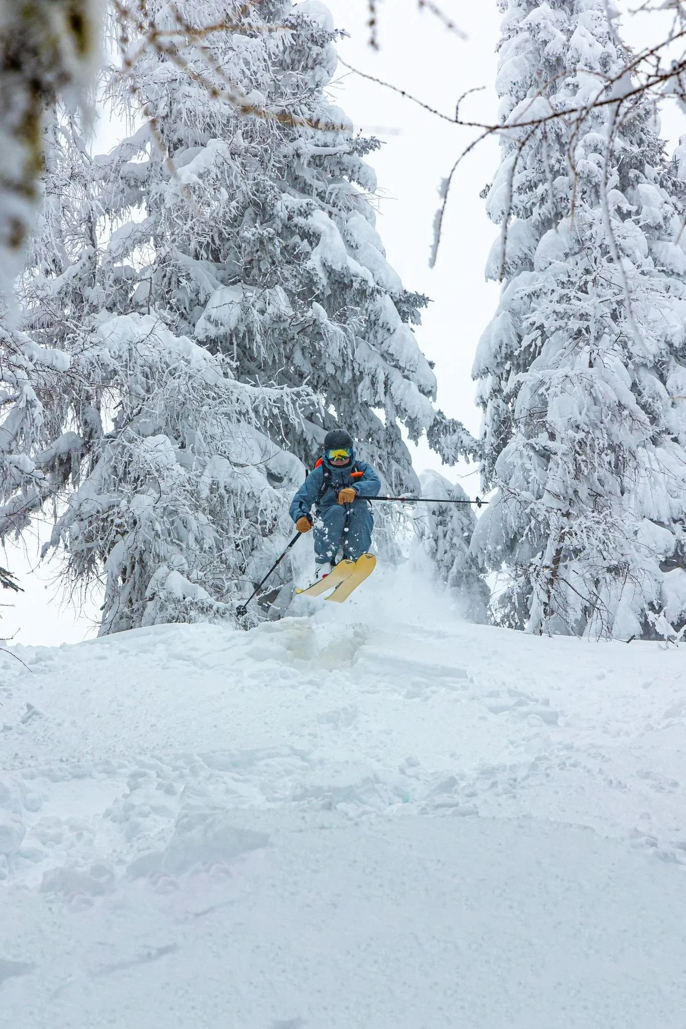 Persoon die ski’s door een besneeuwd bos rijdt, omringd door met sneeuw bedekte bomen.