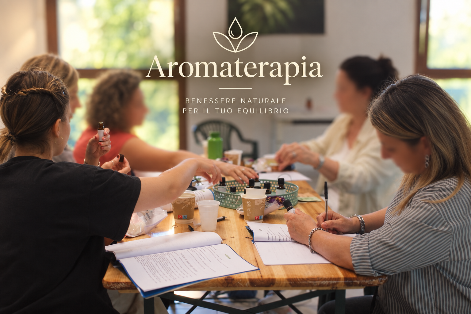 Cercle di persone che partecipano a una sessione di aromaterapia, sedute attorno a un tavolo con oli essenziali, appunti e tazze di caffè, in un ambiente luminoso e accogliente.