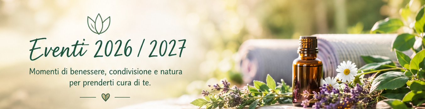 Banner che annuncia eventi dal 2026 al 2027 dedicati al benessere, con tè e aromaterapia, con un barattolo di olio essenziale, fiori e piante sul tavolo