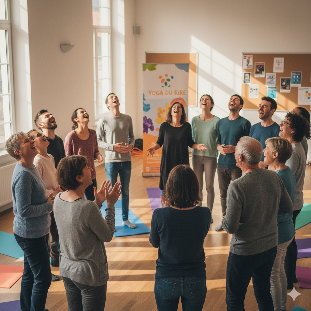 Gruppo di persone che praticano yoga sorridendo in una stanza luminosa con pareti bianche e grandi finestre, c'è un banner con scritto 'Yoga du Rire'.