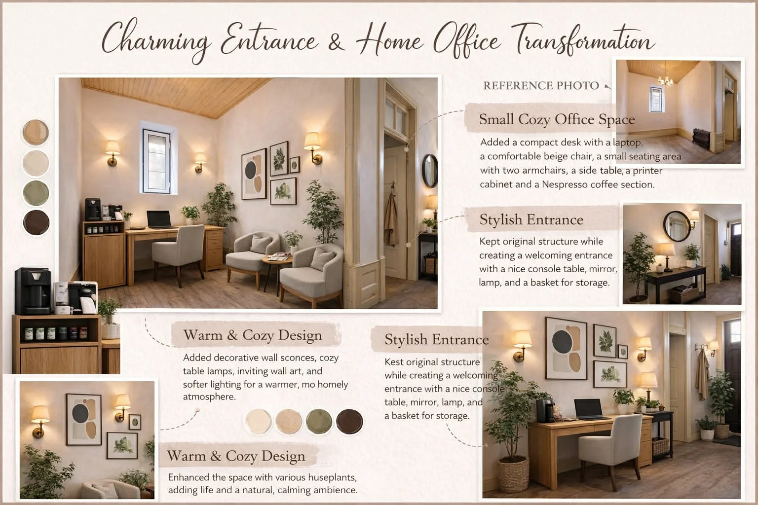 An infographic showing a home office transformation with photos, design details, and color palette. It features cozy, stylish decor with plants, wall art, lamps, and a wooden desk.