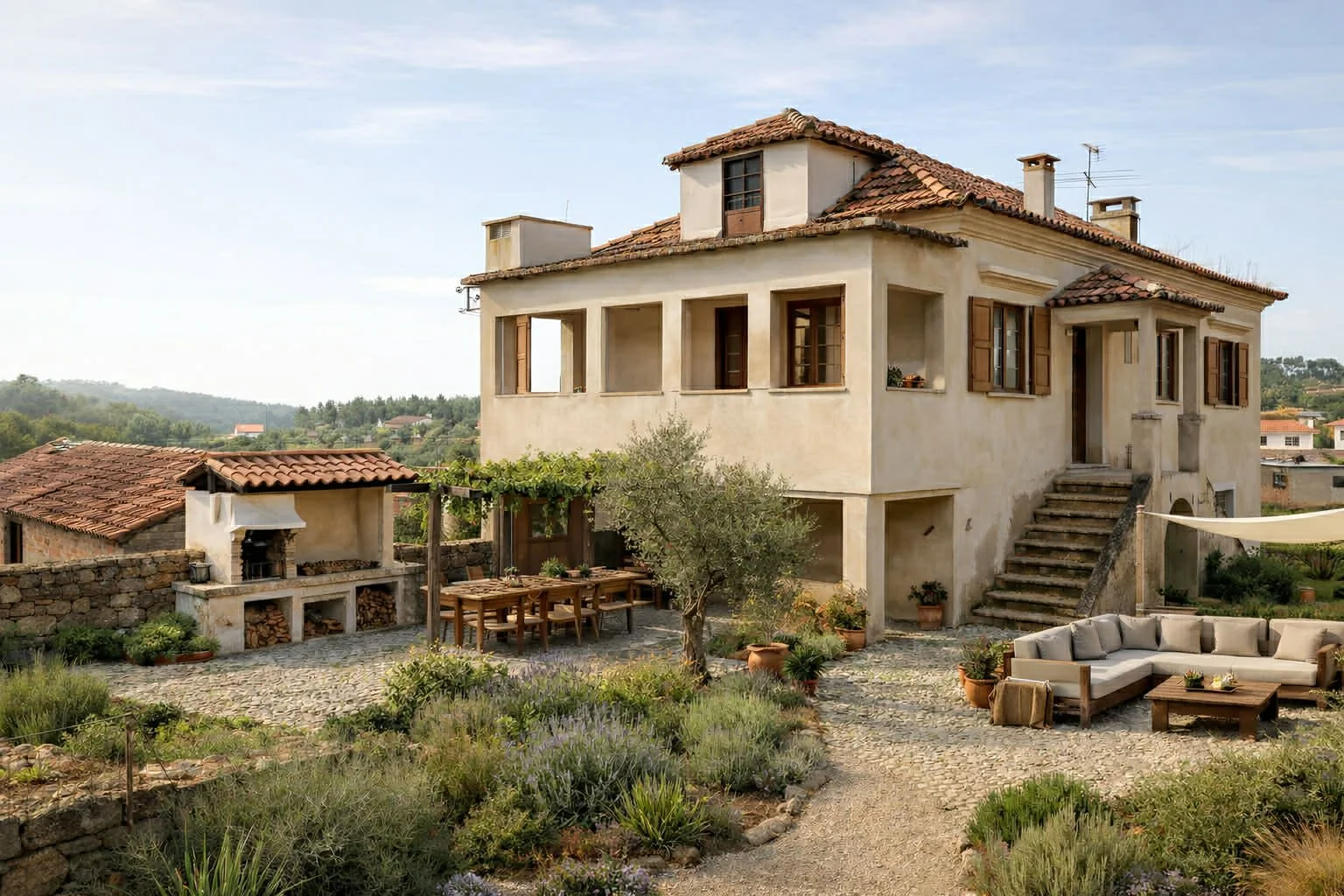 A Mediterranean-style house with a stucco exterior, tiled roof, and multiple chimneys, surrounded by a garden with outdoor seating and landscaping.