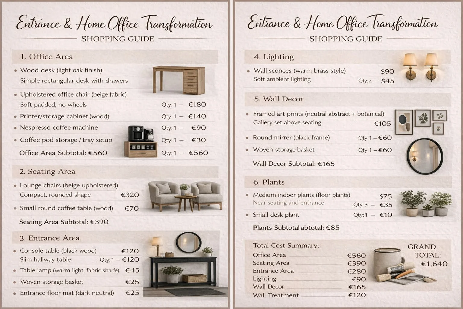 A printed shopping guide for home office transformation, listing items in categories: Office Area, Seating Area, Entrance Area, Lighting, Wall Decor, and Plants, with descriptions and prices. The guide features images of a desk, chairs, a mirror, and