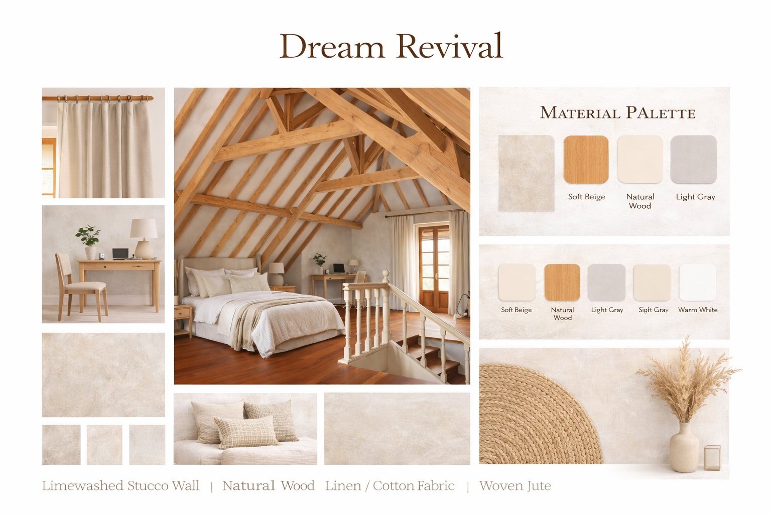 Interior design mood board featuring a bedroom with natural wood elements, neutral linens, and decor in soft beige, natural wood, and light gray tones. Contains material palette with color swatches, photos of linen/cotton fabric, woven jute, and a cozy bed with pillows.