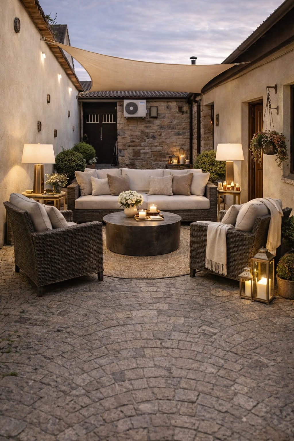 A cozy outdoor patio area at dusk with wicker seating, a round black coffee table, and decorative candles. The space is decorated with lamps, flowers, lanterns, and potted plants, and has stone-paved flooring with beige walls and a beige shade canopy overhead.