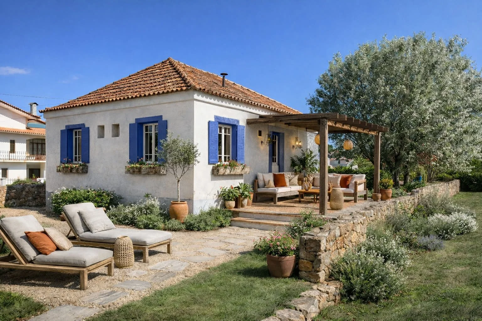 A charming white cottage with blue shutters and a tiled roof, featuring a cozy outdoor seating area under a wooden pergola, surrounded by potted plants, flowers, and lush greenery on a sunny day.