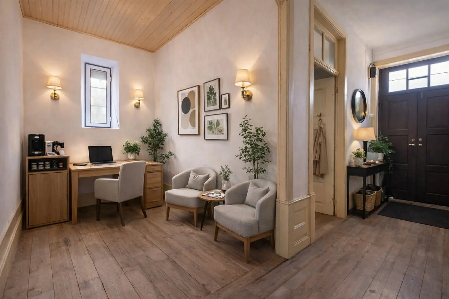 Interior of a cozy home entryway featuring a dark front door, small windows, a seating area with two armchairs, a side table, framed wall art, indoor plants, and a small workspace with a desk, chair, and coffee maker.