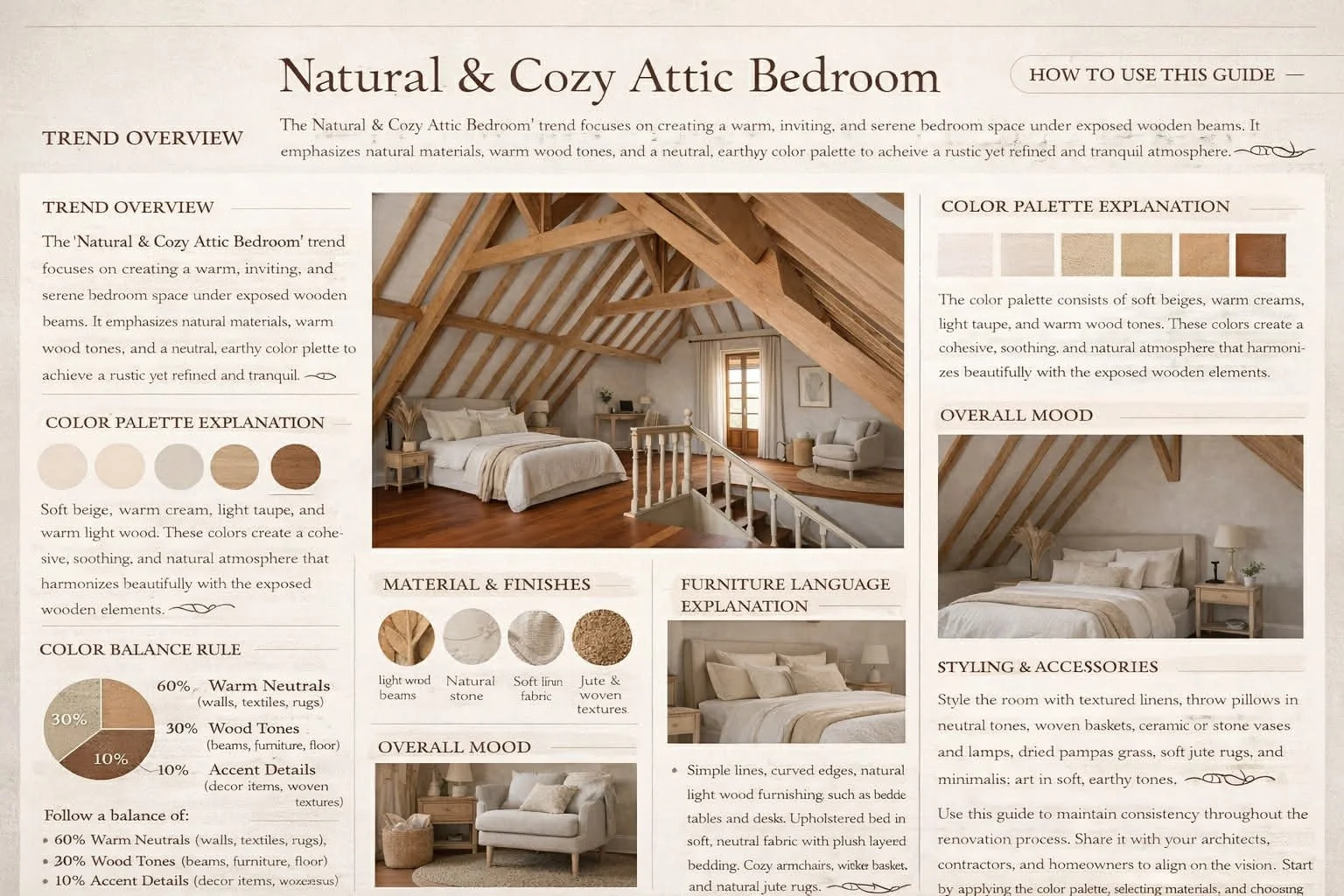 Interior of a bedroom with exposed wooden beams and sloped ceiling, featuring a bed with cream bedding, a nightstand, a small desk, a comfortable chair, and a door with natural light. The room has a warm and natural decor style.