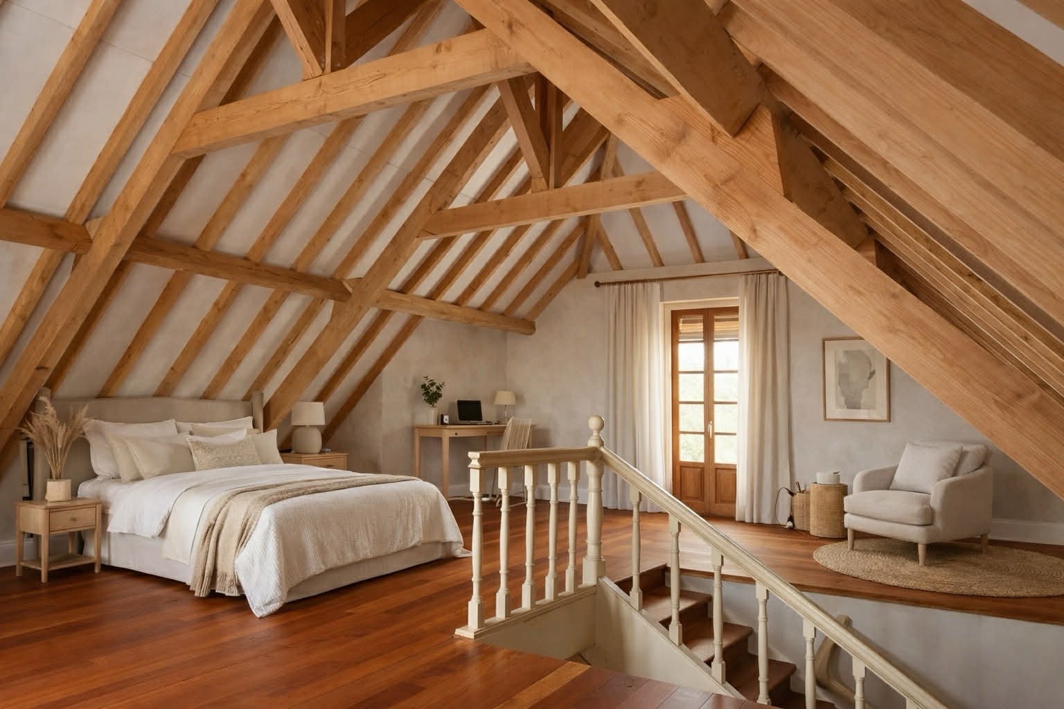 Bedroom with sloped wooden ceiling, large bed, bedside tables, lamps, a desk with a chair, a window with cream curtains, a sitting area with an armchair, artwork on the wall, wooden flooring, and a spiral staircase.