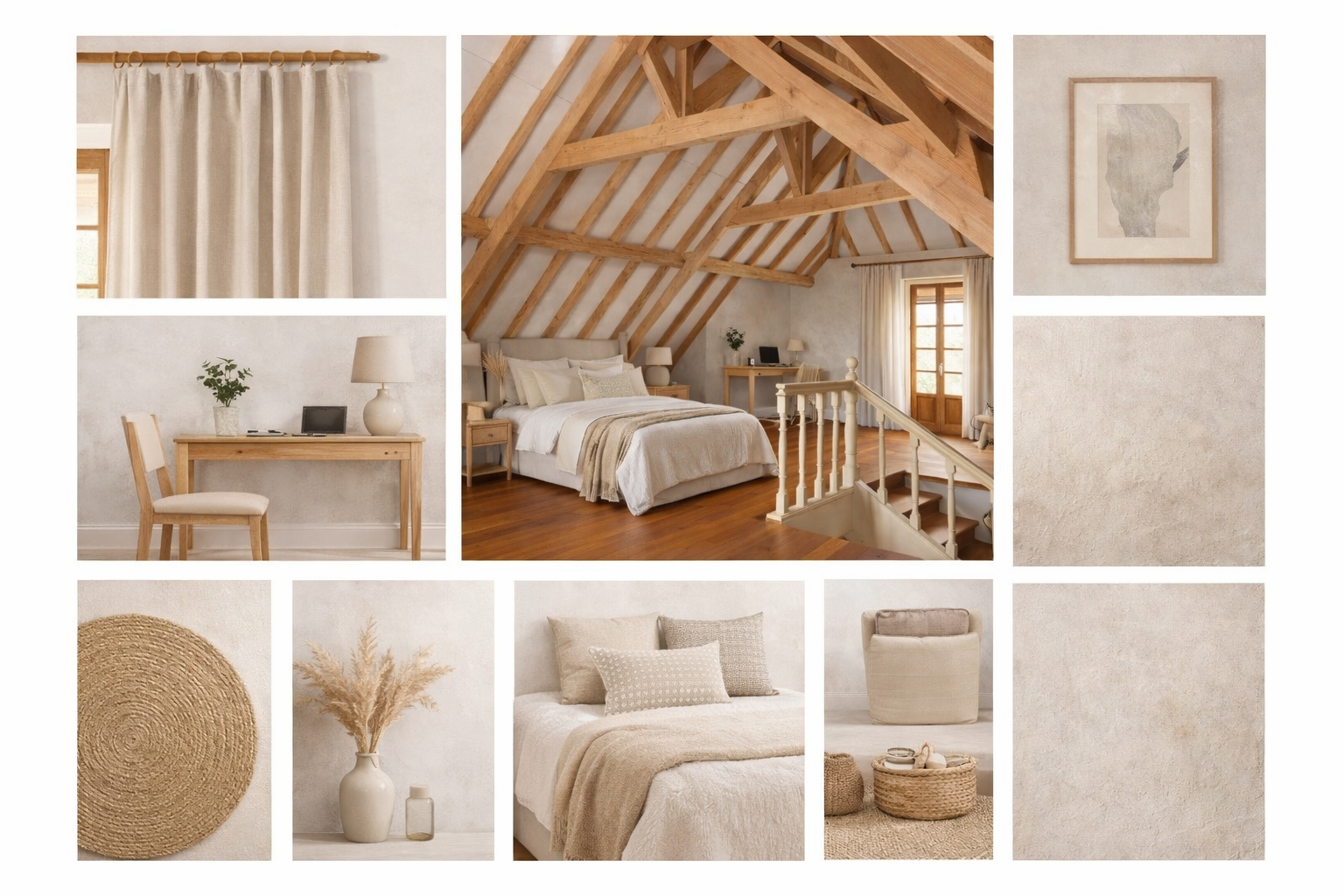 Collage of bedroom decor with neutral colors, wooden furniture, and textures including a bed with white bedding, wooden beams in ceiling, framed wall art, wicker accents, and decorative vases with dried grasses.