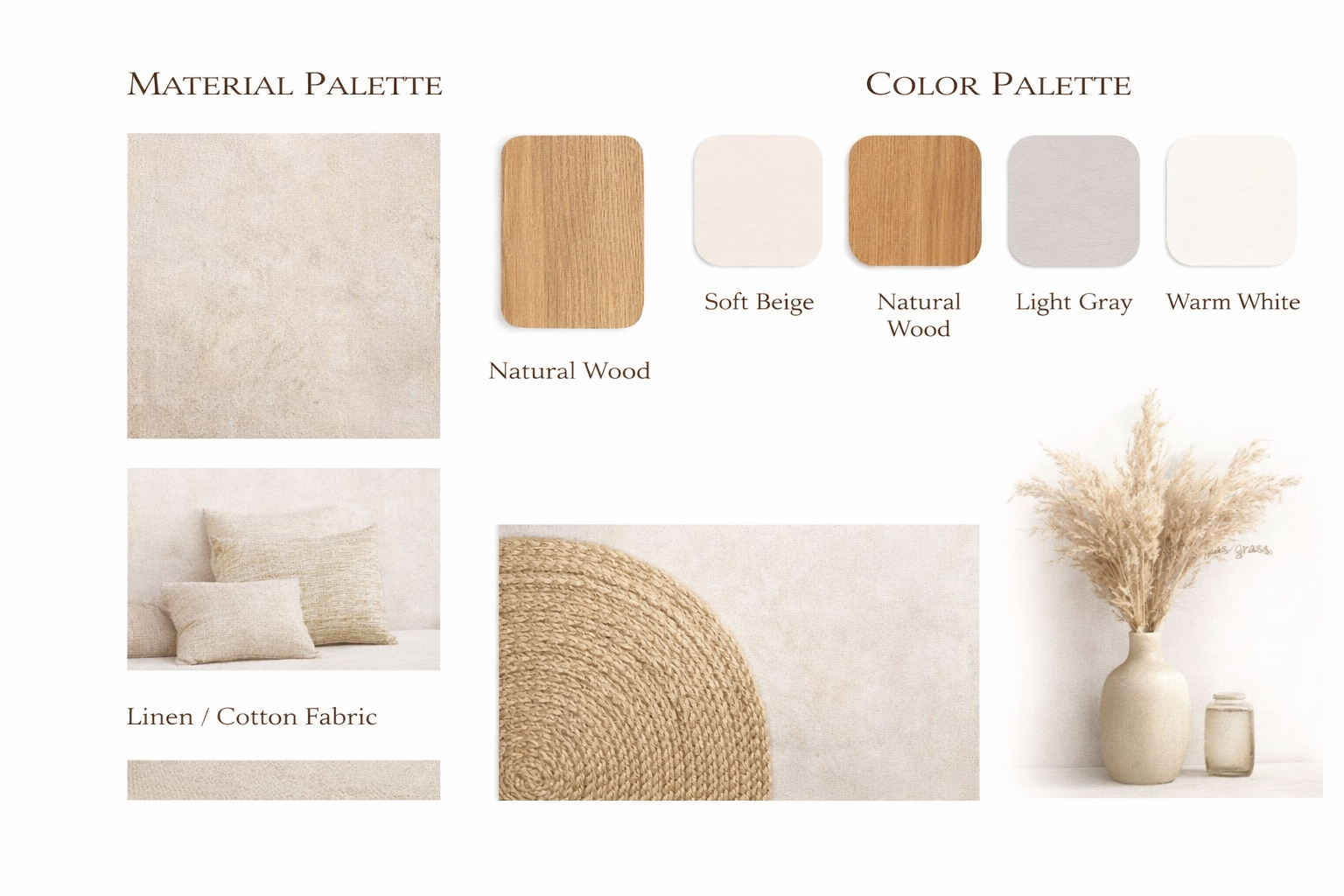 Design board with neutral tones and natural materials, featuring material and color palettes with wood, linen, and cotton textiles, and decorative vases with dried grass or wheat.