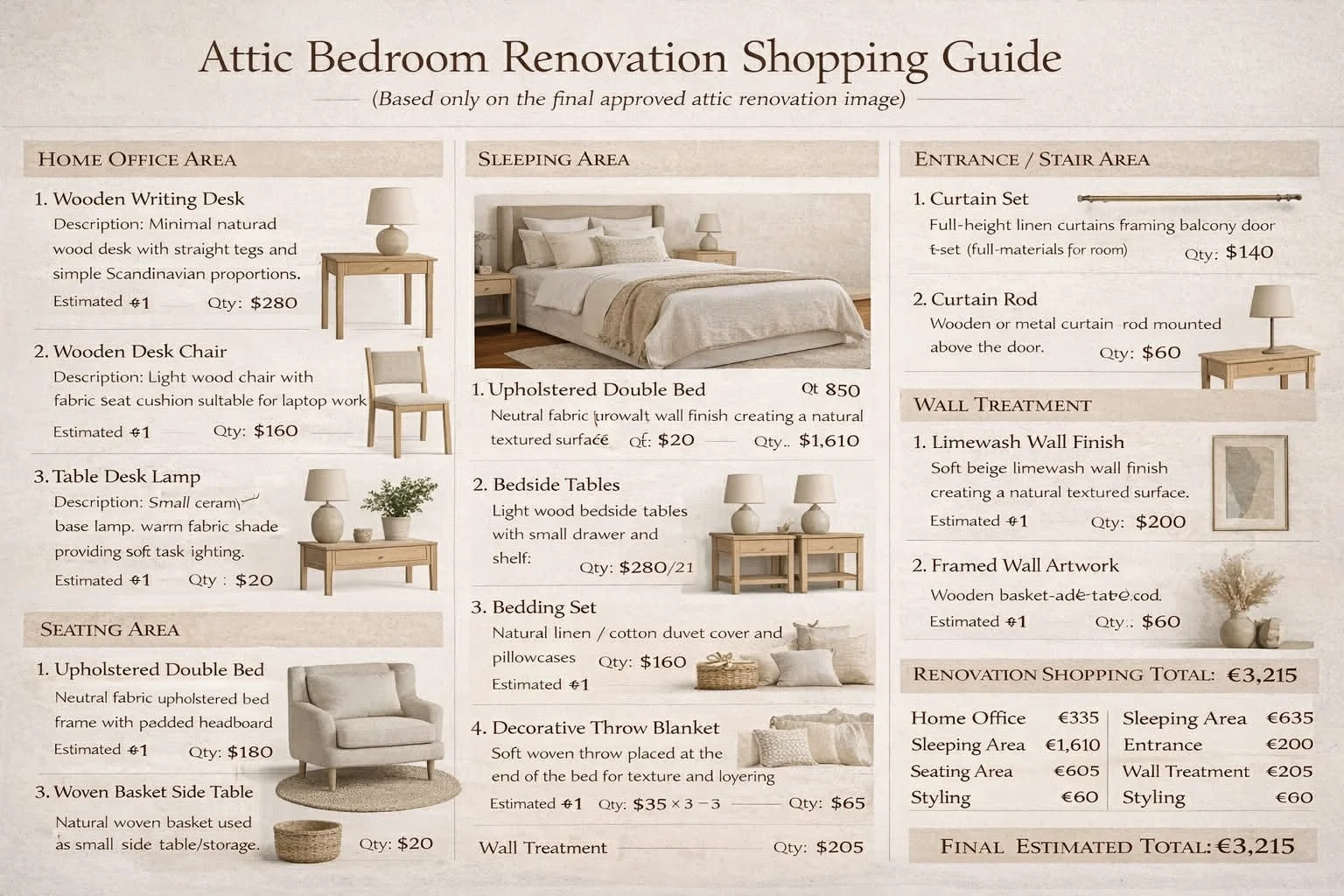 A detailed renovation shopping guide for an attic bedroom, including furniture and decor items with descriptions, quantities, and estimated prices. Sections include Home Office Area, Seating Area, Sleeping Area, Entrance/Stair Area, Wall Treatment, and a summary of costs.