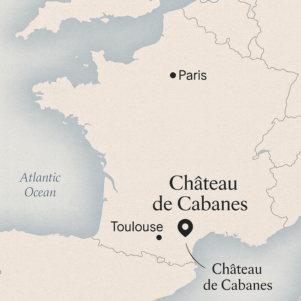 Map of France highlighting Paris, Toulouse, and Château de Cabanes. Château de Cabanes is marked near the southern coast, with a line showing its location from Toulouse. The Atlantic Ocean is shown to the west.