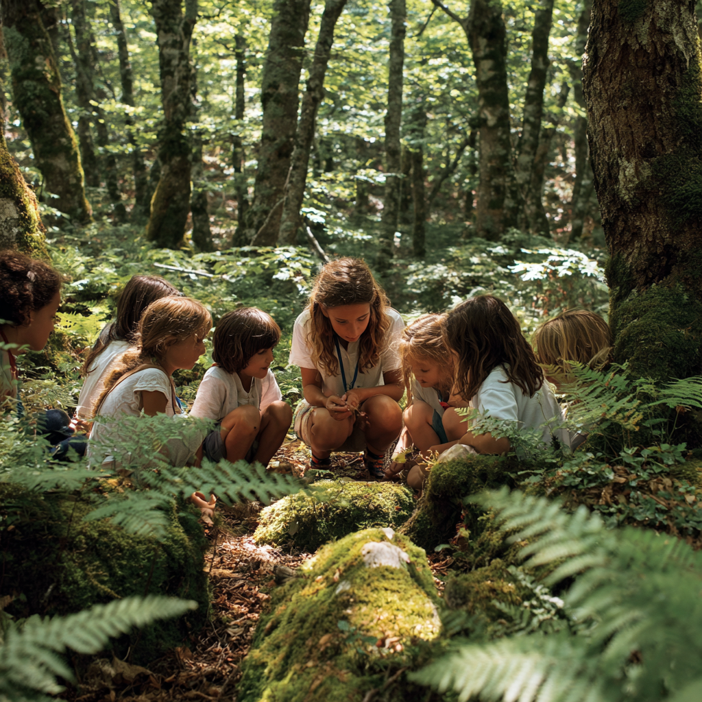 A group of children and a young woman gathered around a mossy rock in a dense green forest, exploring nature.