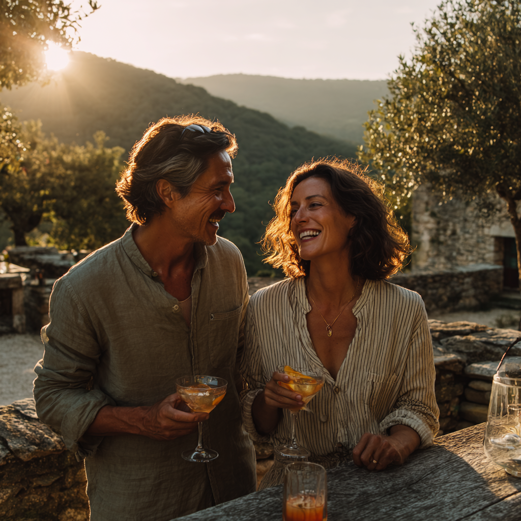Two friends, a man and a woman, smiling and laughing while holding cocktail glasses outdoors during sunset, with a mountain landscape and trees in the background.