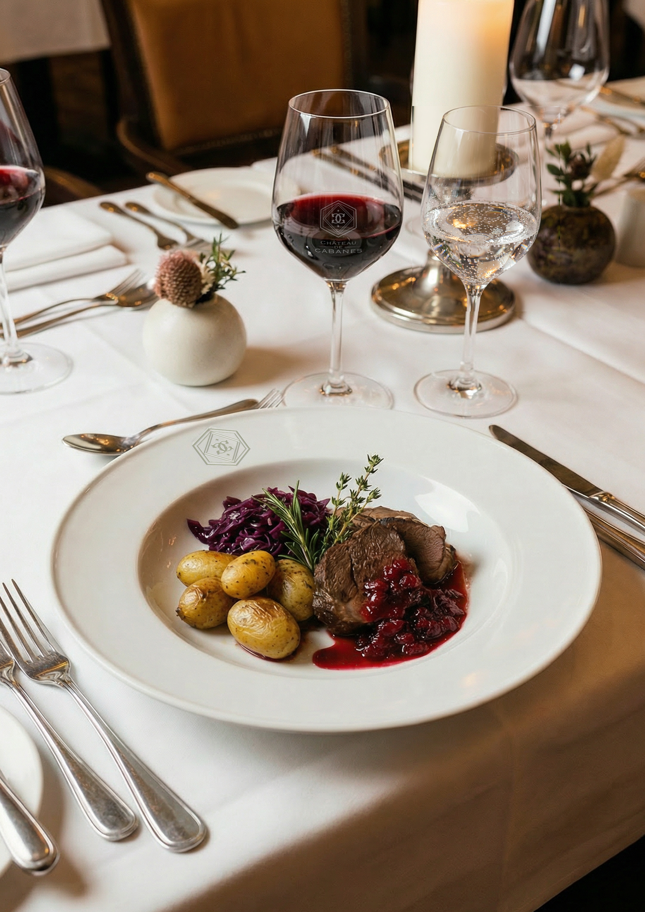 A dining table set with a plate of beef with cranberry sauce, new potatoes, red cabbage, and garnished with herbs. There are two glasses of wine and one glass of water, a candle, and a small vase with pink flower and greenery on the table.