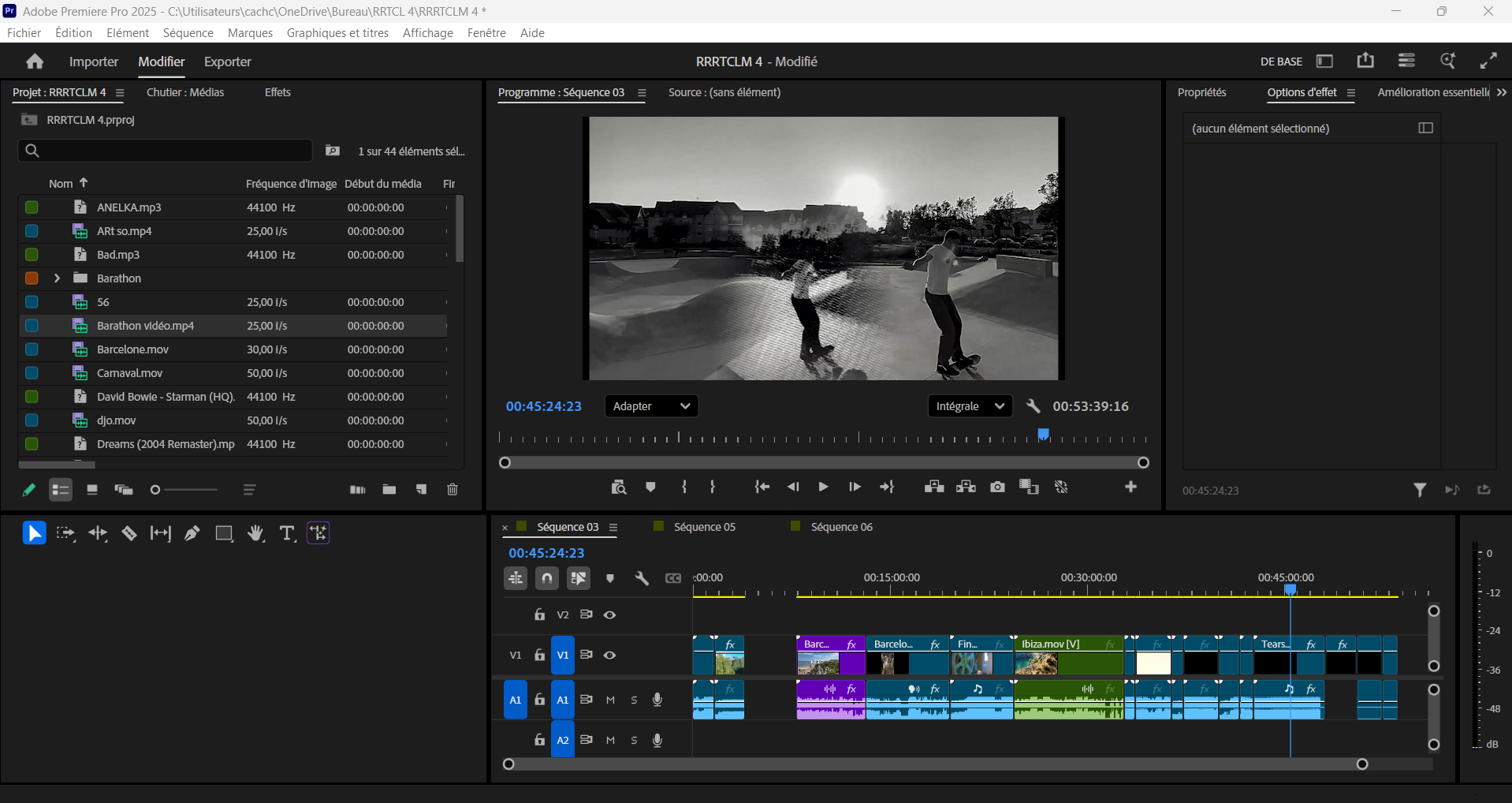 Capture d'écran d'un logiciel de montage vidéo avec une vidéo de deux personnes skateboardant au crépuscule, en noir et blanc.