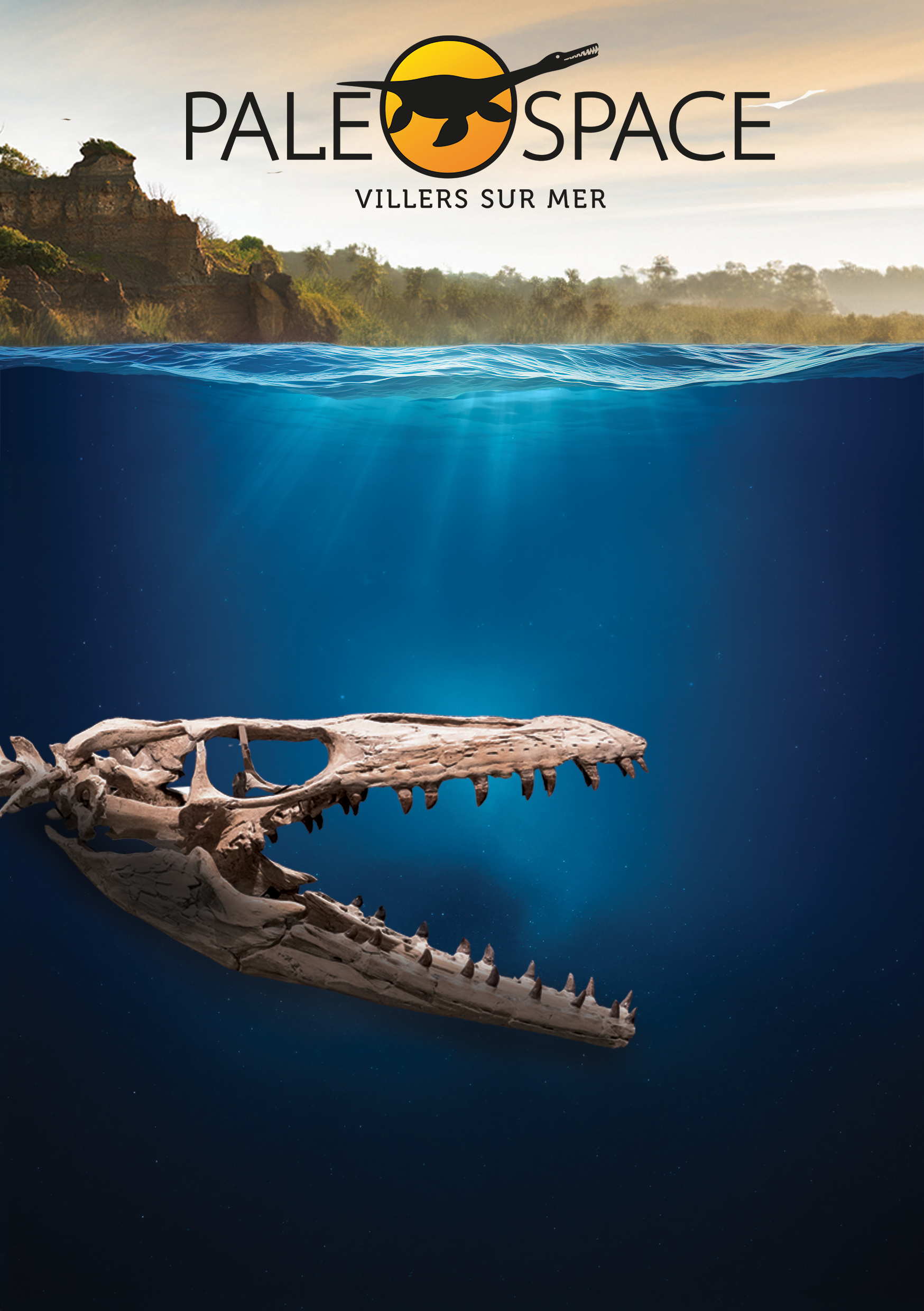 Une image divisée en une moitié terrestre avec une ligne de séparation au milieu de l'eau et une moitié aquatique montrant un squelette de crocodile sous l'eau, avec un paysage de forêt et un ciel au crépuscule en arrière-plan. Le texte "Paleo Space" et "Villers sur Mer" est affiché en haut.