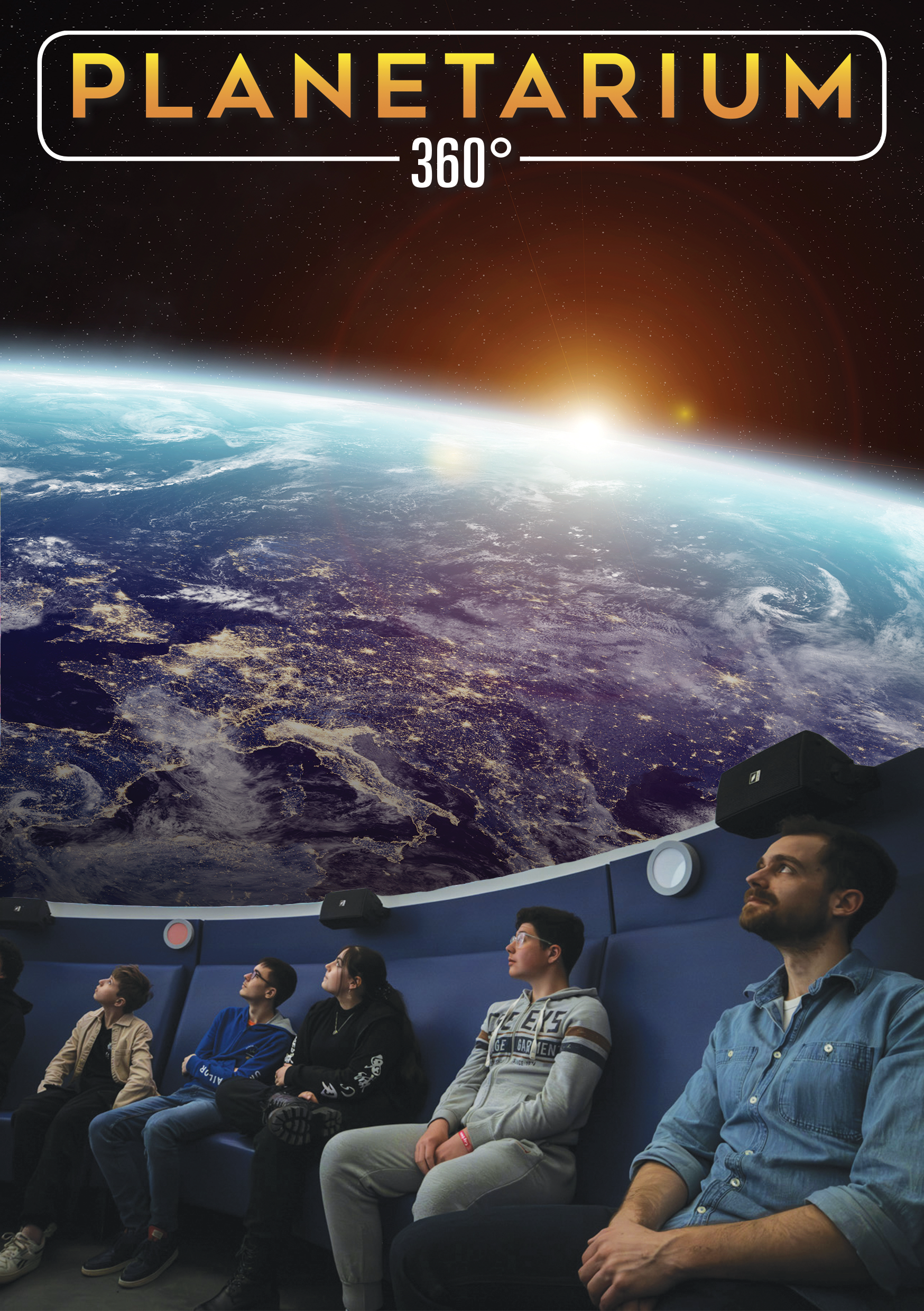 Groupe de personnes assises dans un planétarium avec un écran montrant la vue de la Terre depuis l'espace et le lever du soleil au-dessus de la planète.