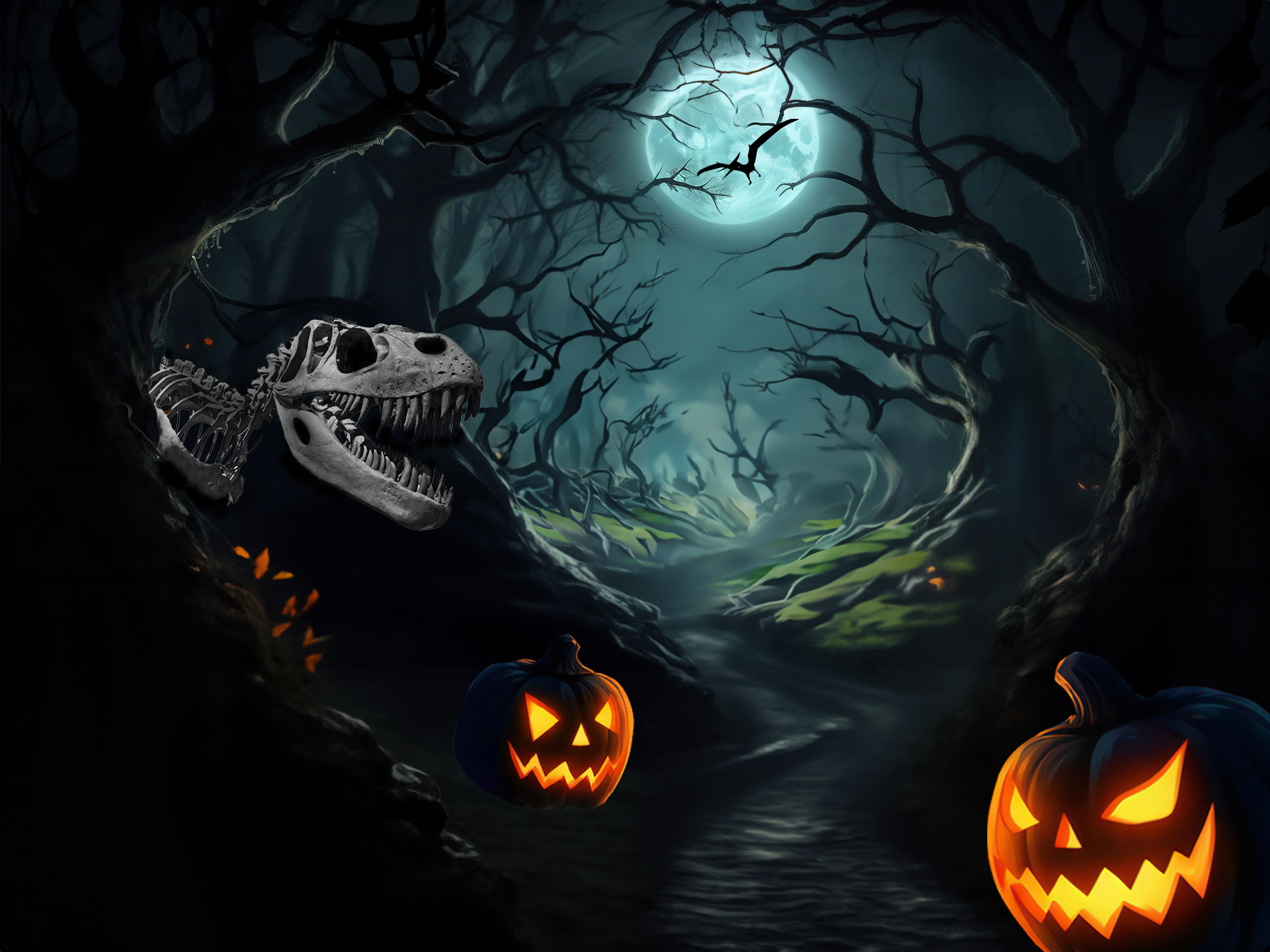 Une forêt sombre et effrayante sous une pleine lune, avec deux citrouilles illuminées en face et un dinosaure squelettique dans l'ombre.