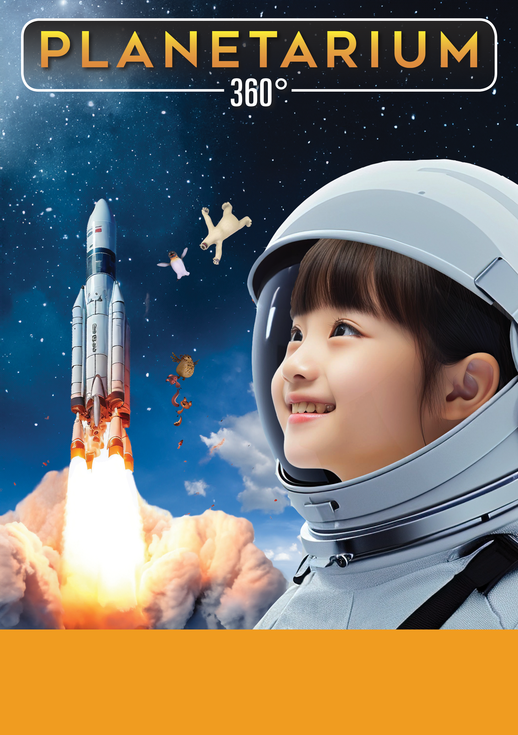 Une jeune fille souriante porte un casque d'astronaute, avec une fusée lançant dans l'espace derrière elle, entourée d'étoiles et quelques jouets flottants.