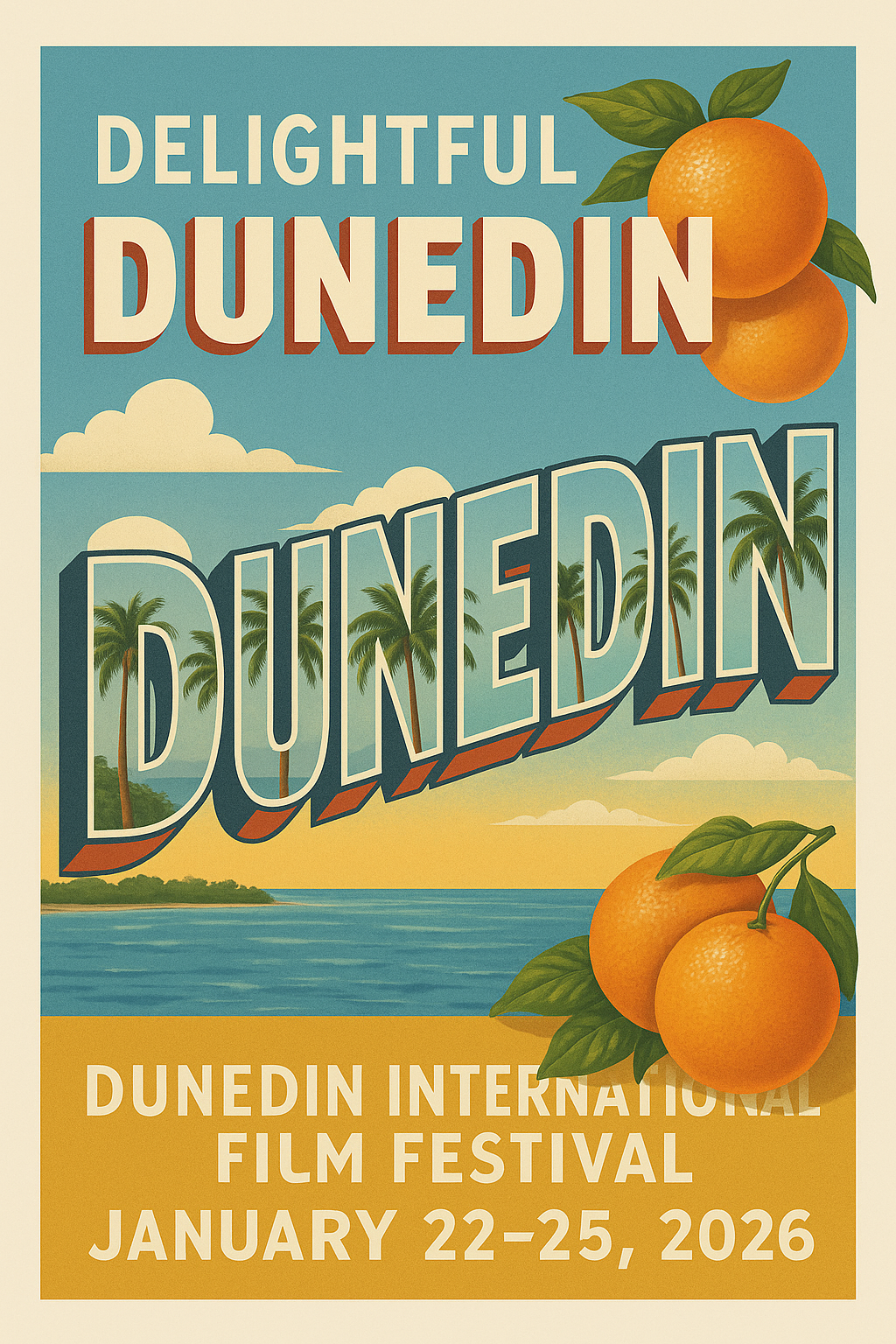 Dunedin International Film Festival promotional poster with palm trees, oranges, and Middleton Tampa Bay, Mark Middleton Realtor, held January 22-25, 2026.