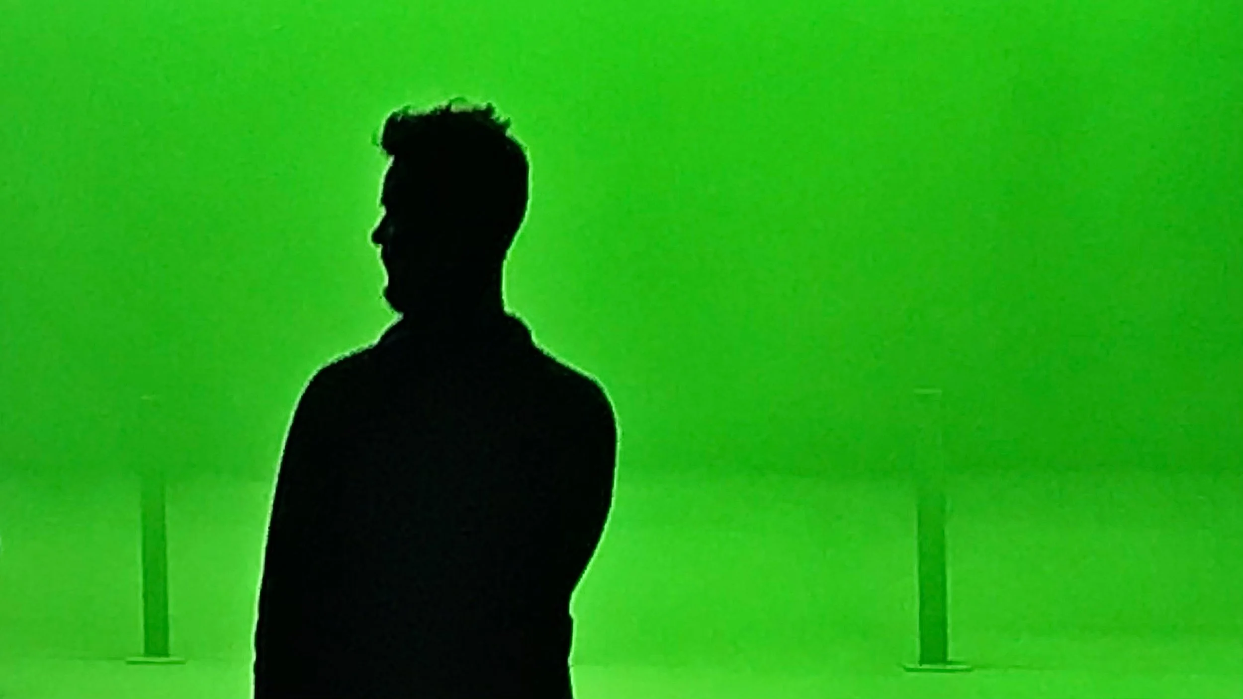 Silhouette of a person standing in front of a green screen with wind turbines in the background.