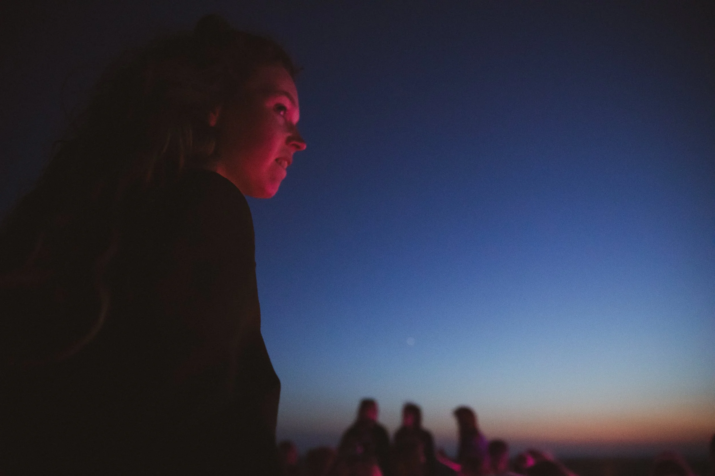 A woman with curly hair is looking towards the right at sunset with a purple and orange sky in the background. Several people are sitting or standing in the distance.