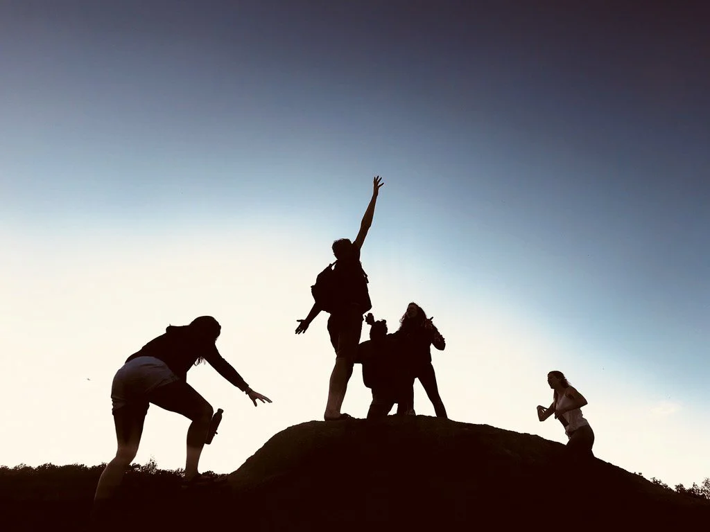 Silhouettes of five people celebrating on a hill during sunset, with one person raising an arm in triumph.