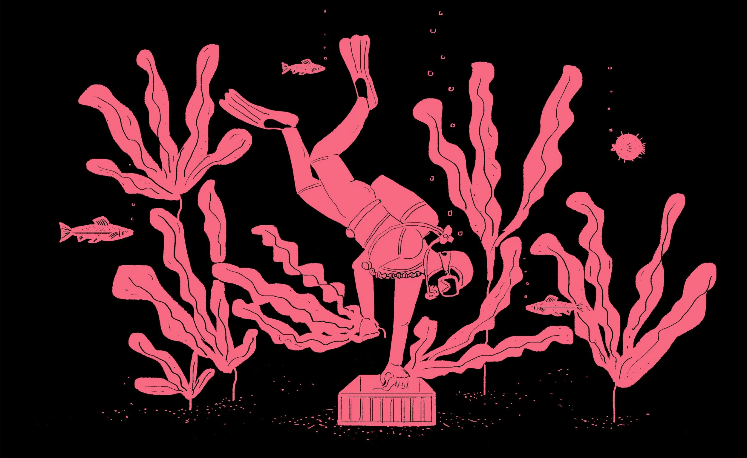 Een illustratie van een onderwater scène met een beeldhouwwerk van een personage die op zijn kop staat, omringd door zeewieren, vissen en een zeespin.