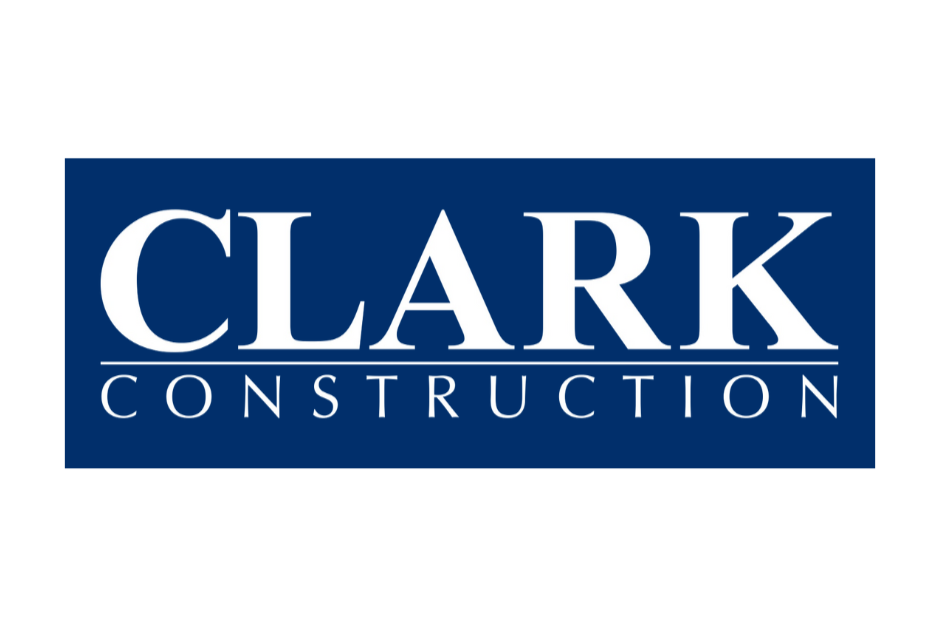 Clark Construction logo with white text on a blue background