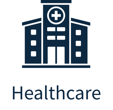Illustration of a hospital building with a medical cross symbol, with the word 'Healthcare' below.