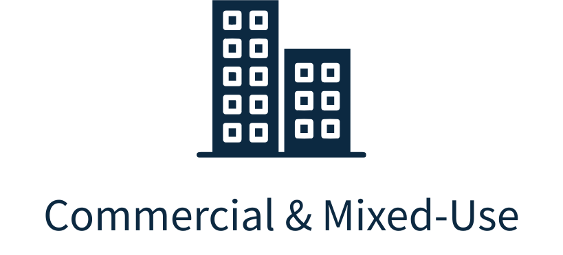 Icon of three buildings and the text 'Commercial & Mixed-Use'