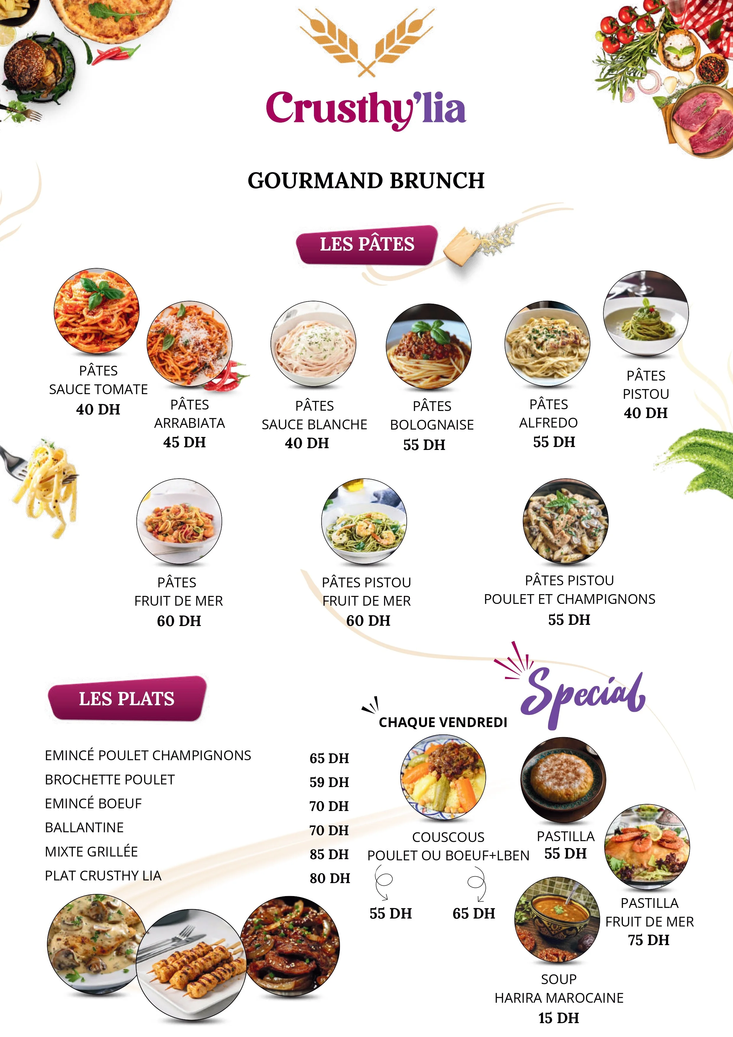 Menu de restauration italienne avec différentes pâtes, plats et desserts, prix en dirhams marocains, logo Cricthy'lia.