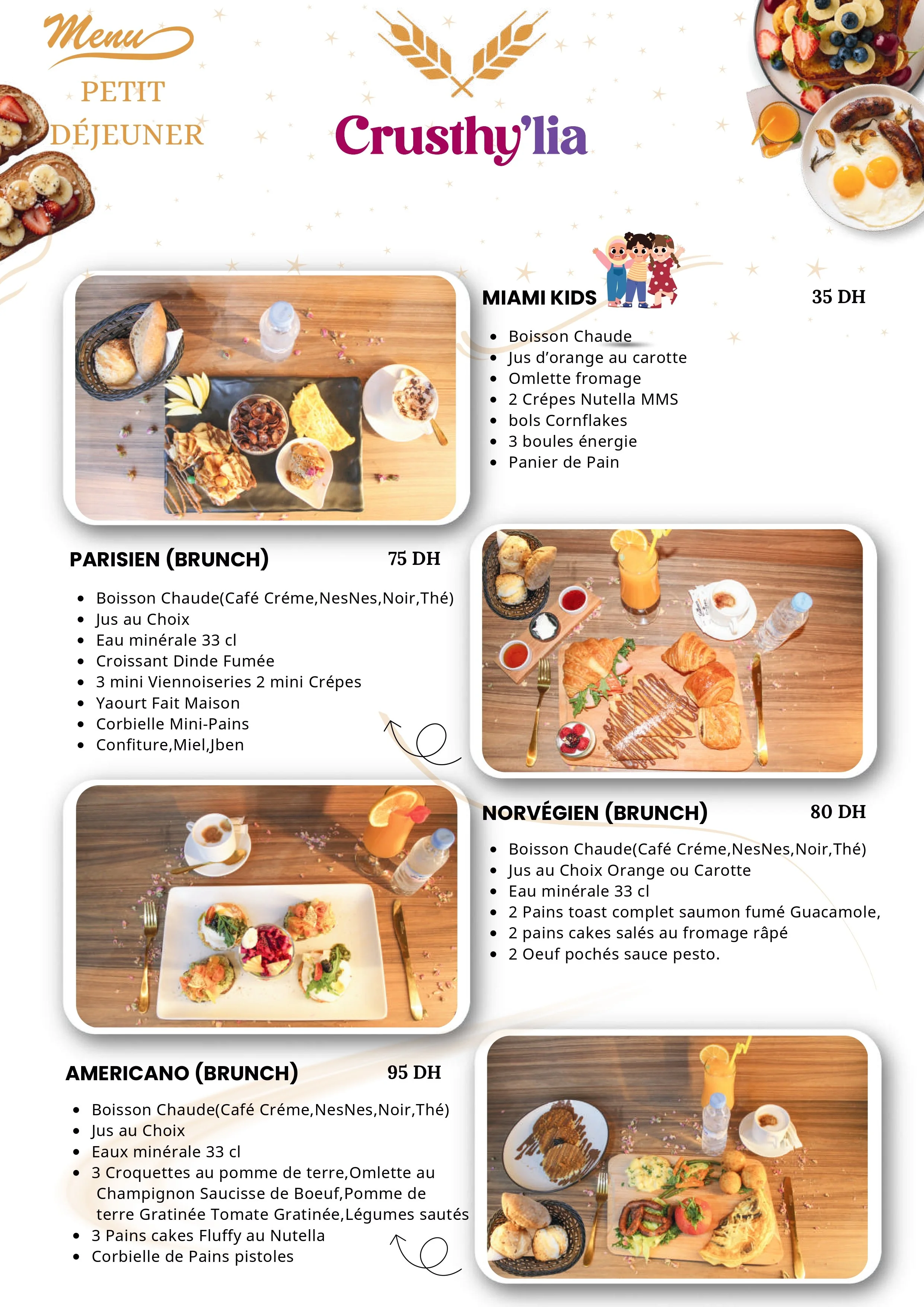 Menu petit déjeuner avec options pour enfants et brunchs d'inspiration parisienne, norvégienne et américaine, comprenant boissons chaudes, jus, œufs, pains, sauces et viandes, avec des images de plats variés.