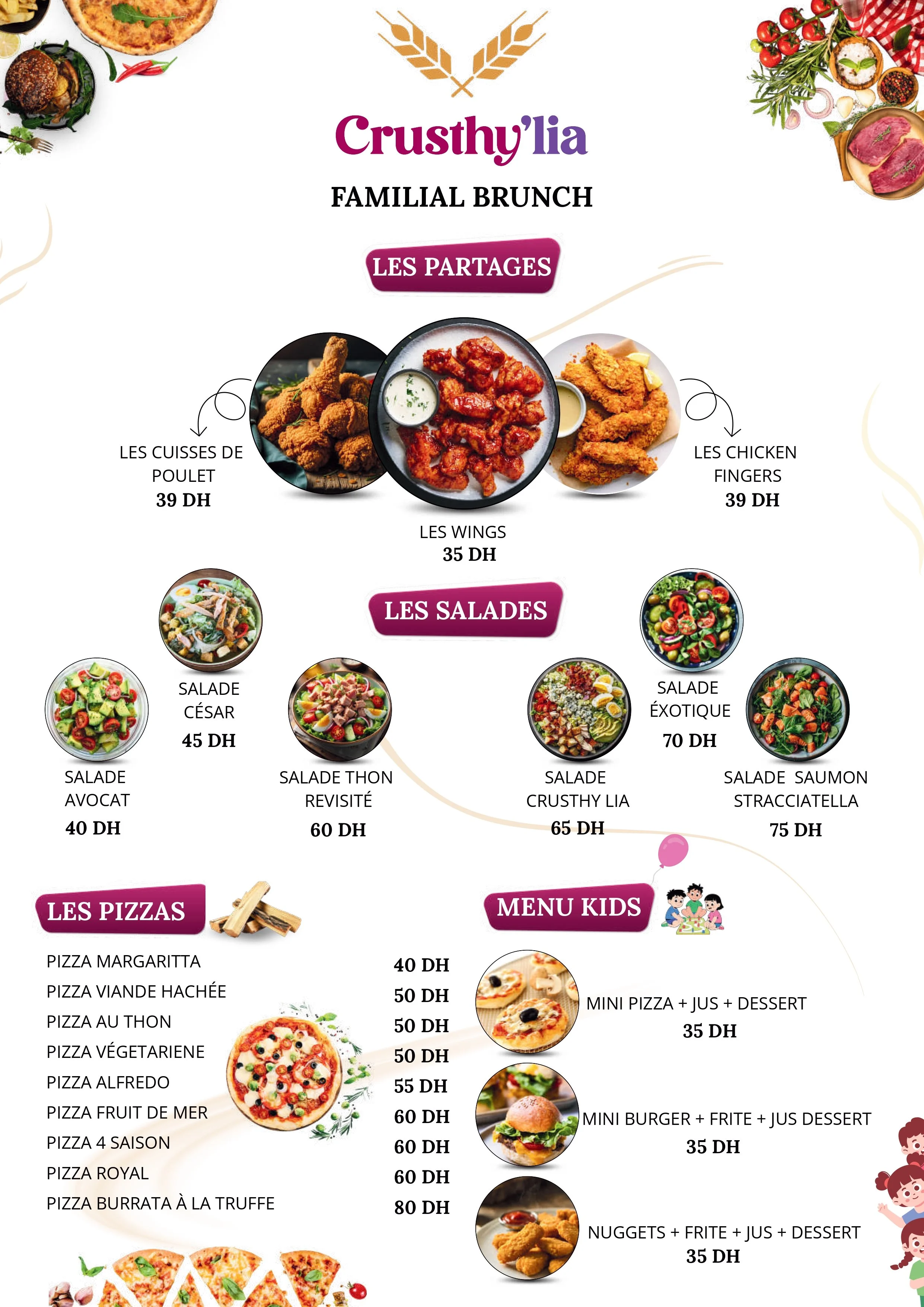 Menu de restaurant avec plats de partage, salades, pizzas, et options pour enfants